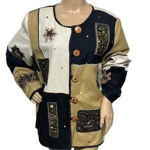 VTG Indigo Moon Art to Wear Tan Black L Boho Embroidered Hippie Artsy Jacket EUC